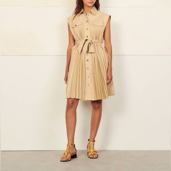 Sandro beige Alice Pleated twill shirtdress - Picture 2 of 13